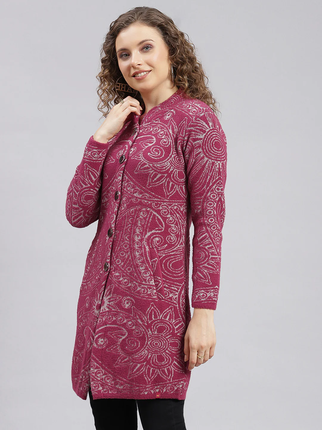 Women Maroon Jaquard Wool blend Knitted Coat - Image 3