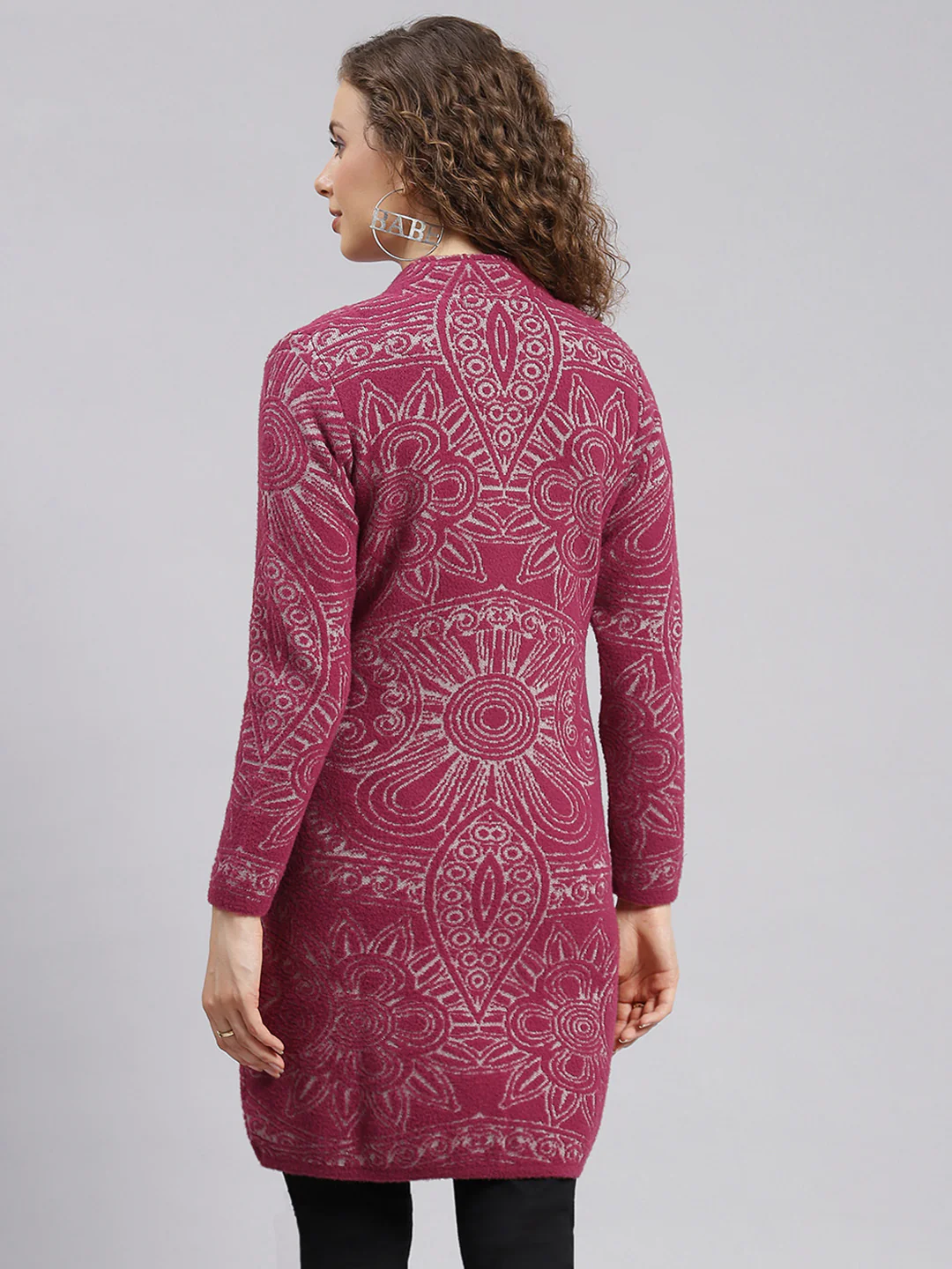 Women Maroon Jaquard Wool blend Knitted Coat - Image 4
