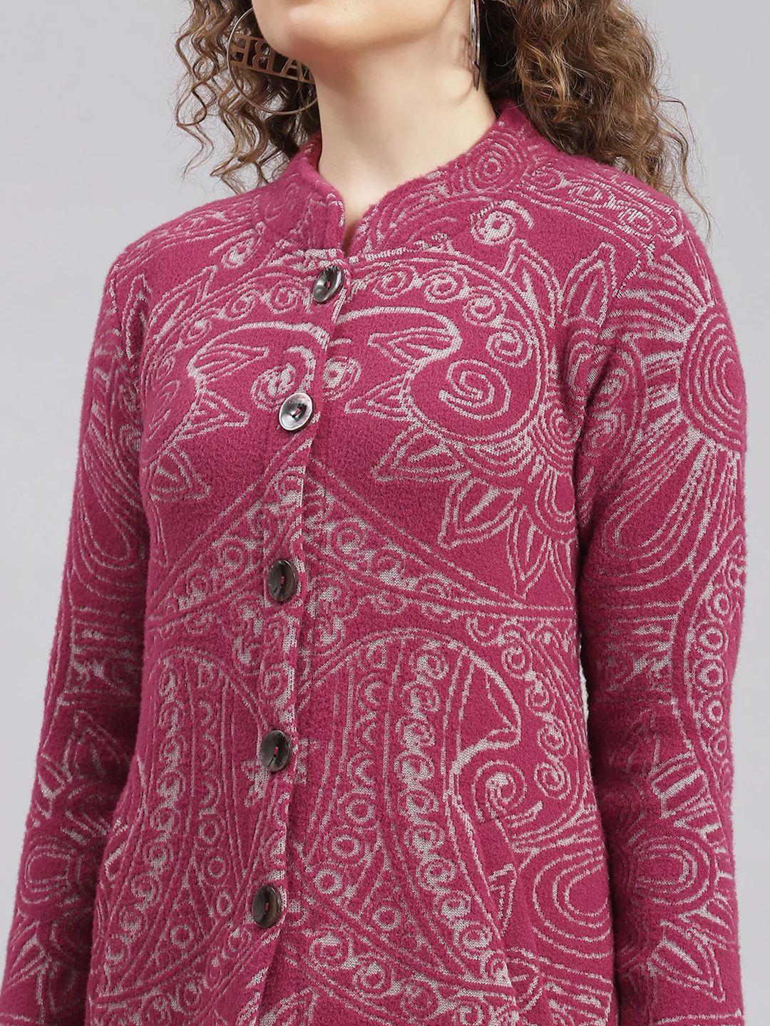 Women Maroon Jaquard Wool blend Knitted Coat - Image 6