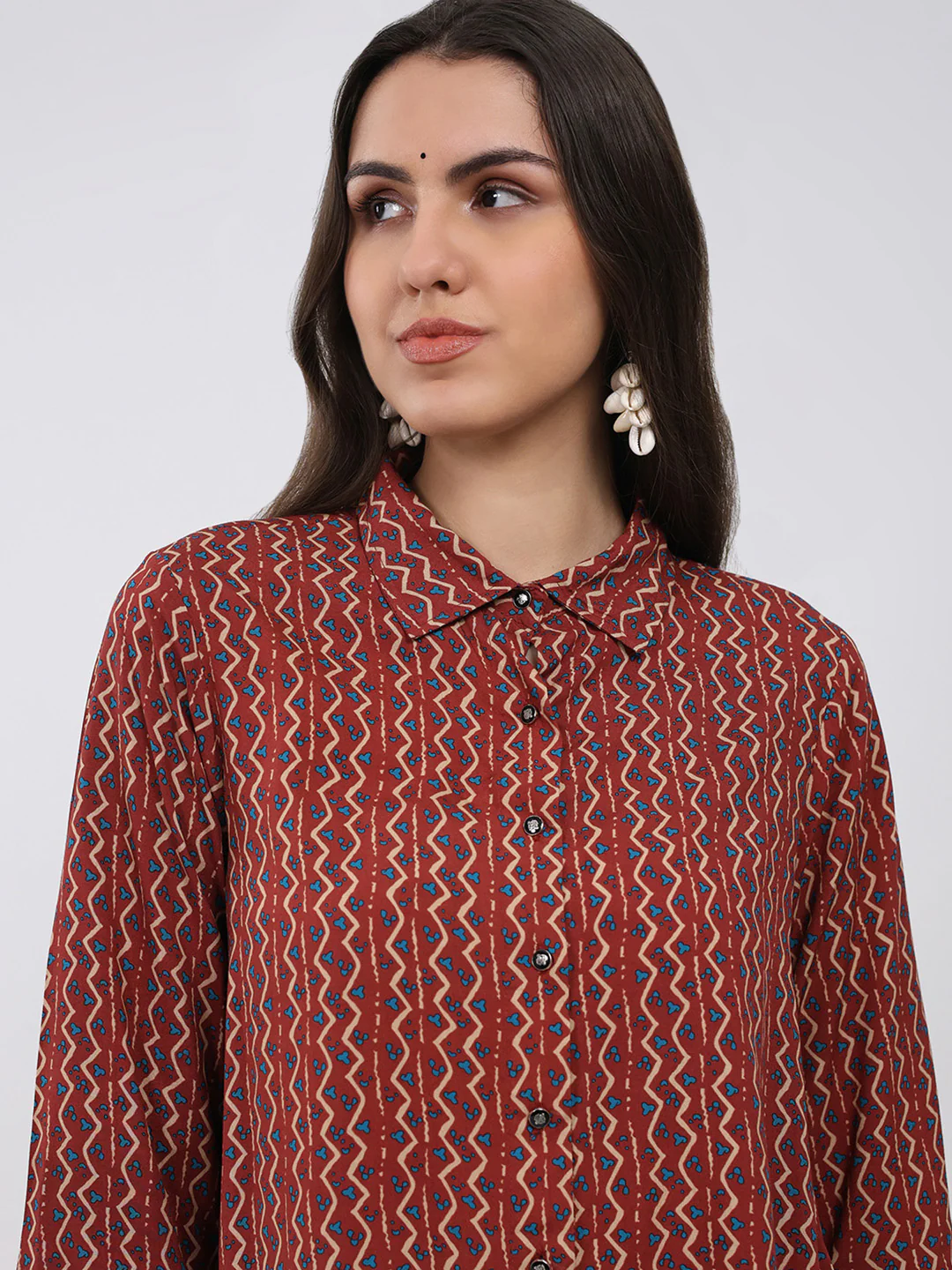 Women Maroon Printed Collar 3/4th Sleeve Winter Kurti - Image 6