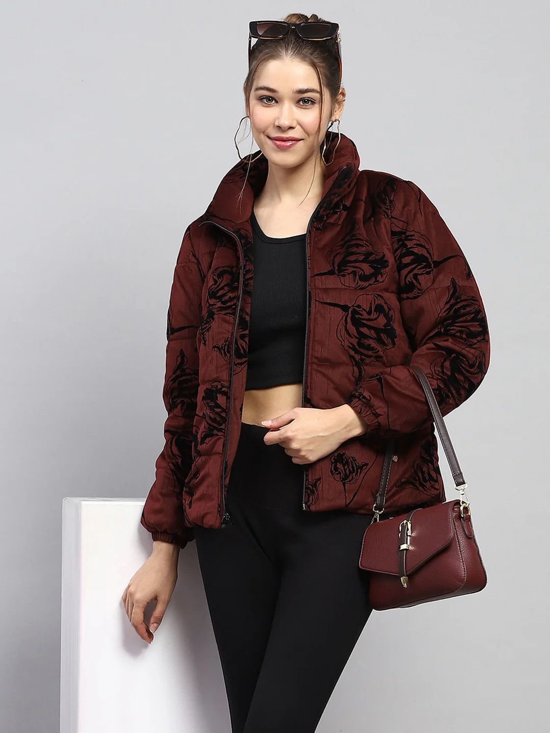 Women Maroon Printed Collar Full Sleeve Jacket - Image 6