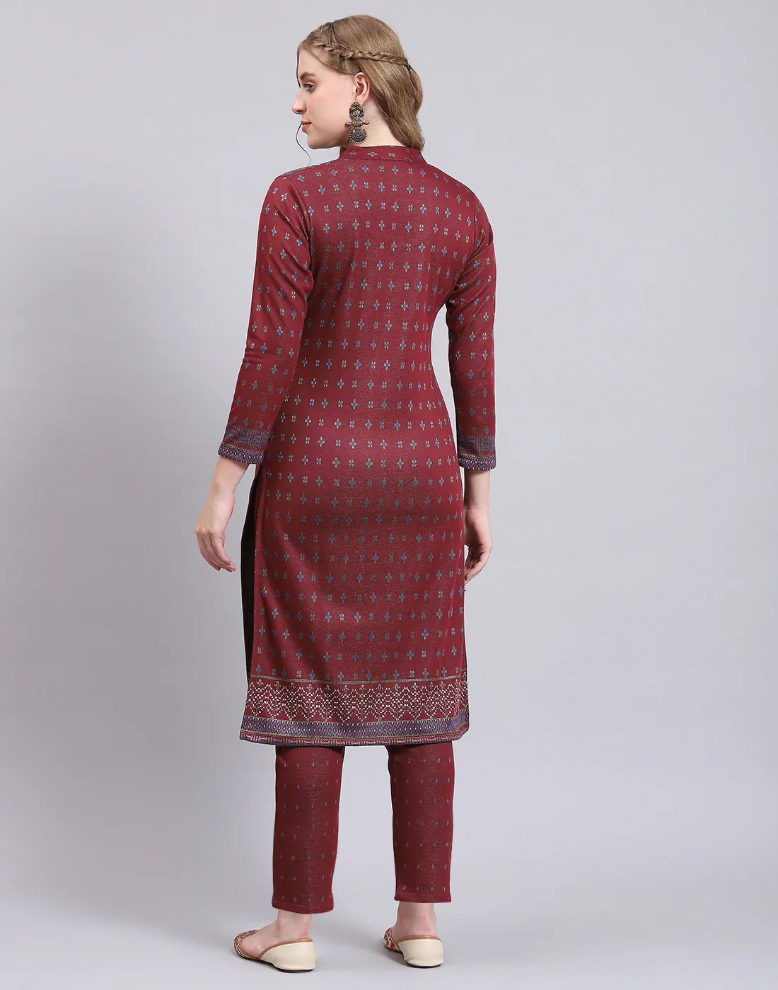 Women Maroon Printed Collar Full Sleeve Kurtis Set - Image 7