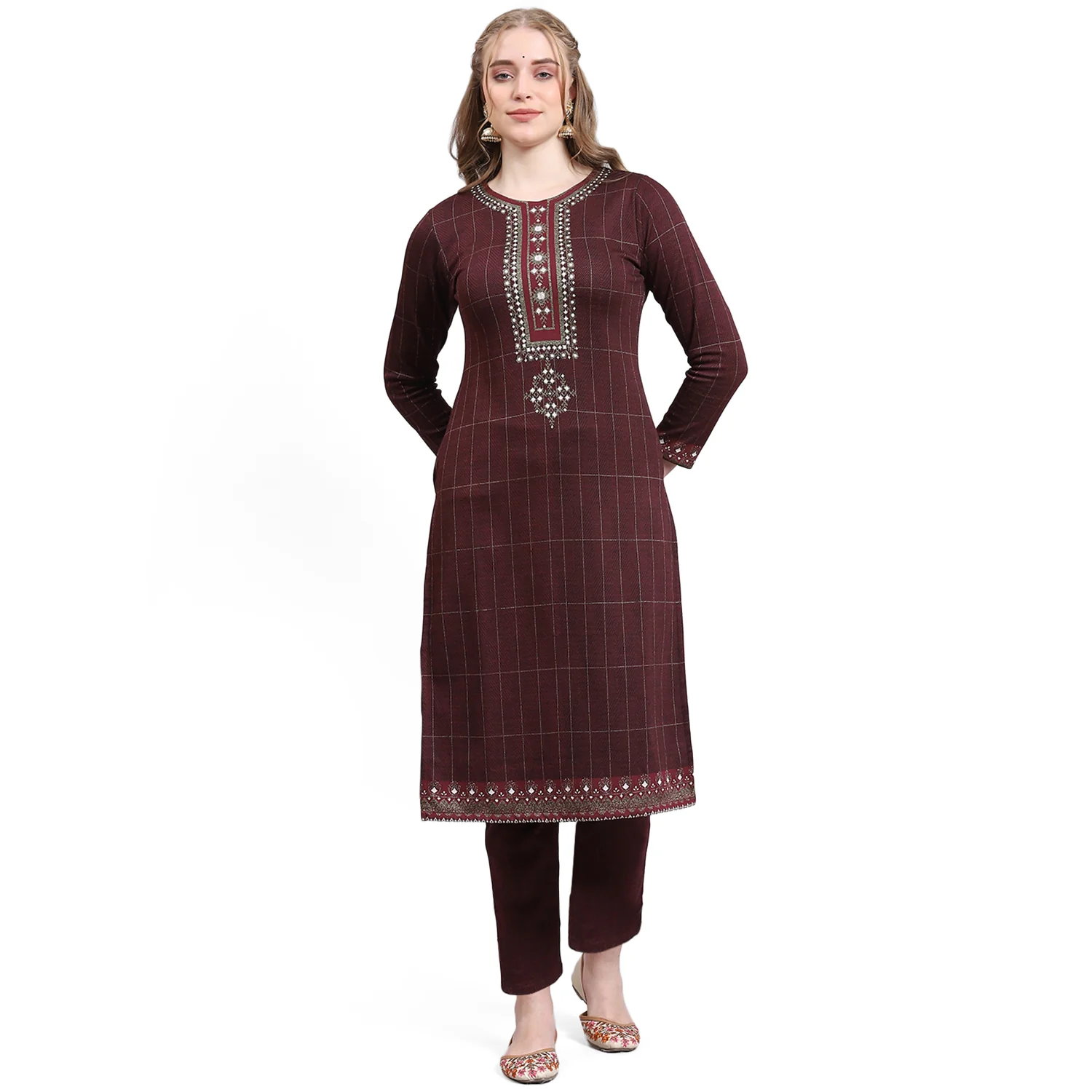 Women Maroon Printed Collar Full Sleeve Kurtis Set - Image 5