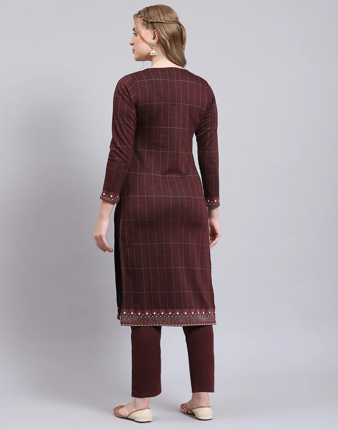 Women Maroon Printed Collar Full Sleeve Kurtis Set - Image 7