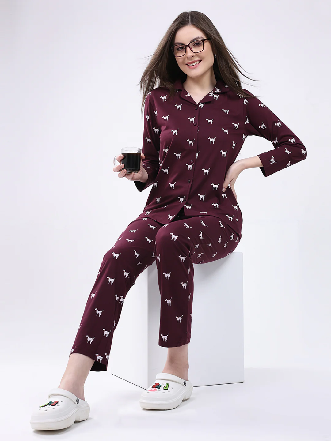Women Maroon Printed Collar Full Sleeve Lower Set - Image 2