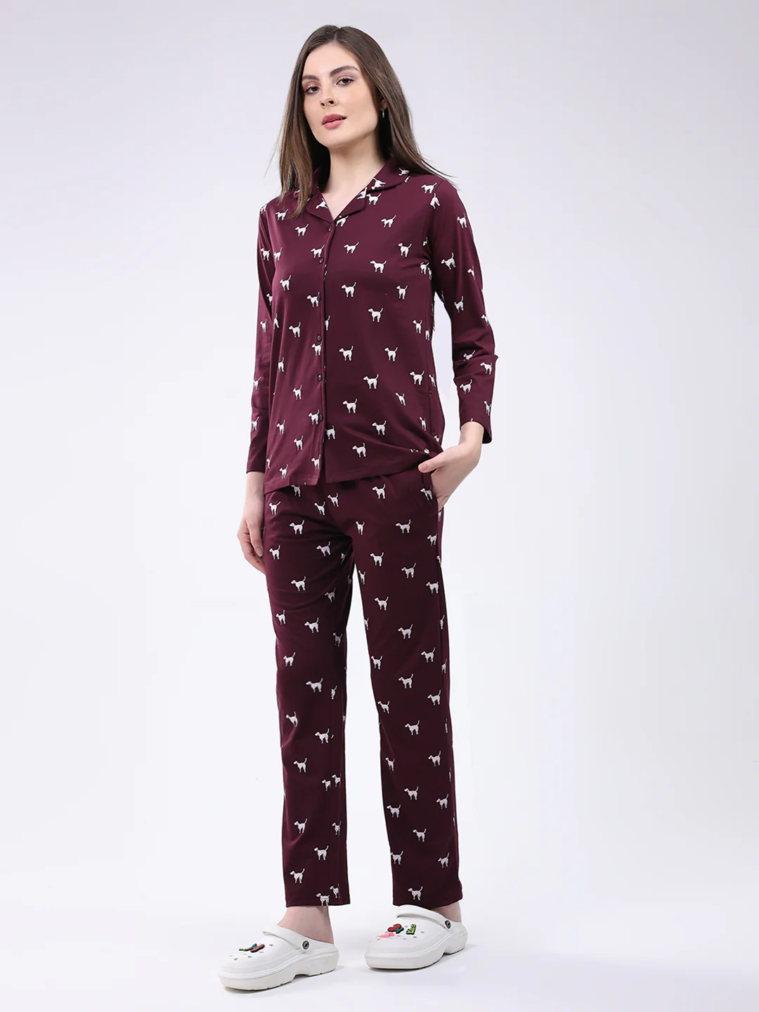 Women Maroon Printed Collar Full Sleeve Lower Set - Image 3