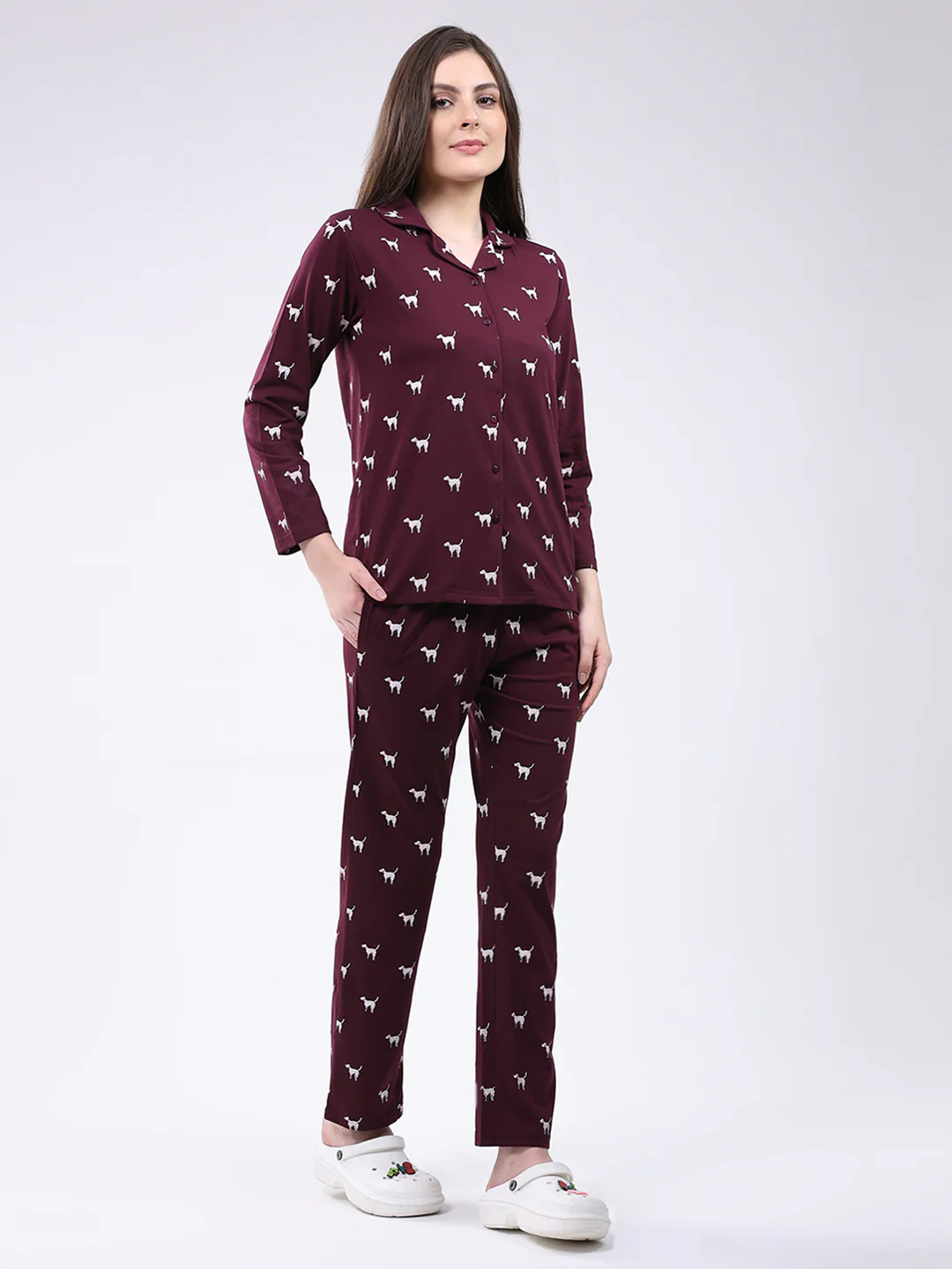 Women Maroon Printed Collar Full Sleeve Lower Set - Image 4