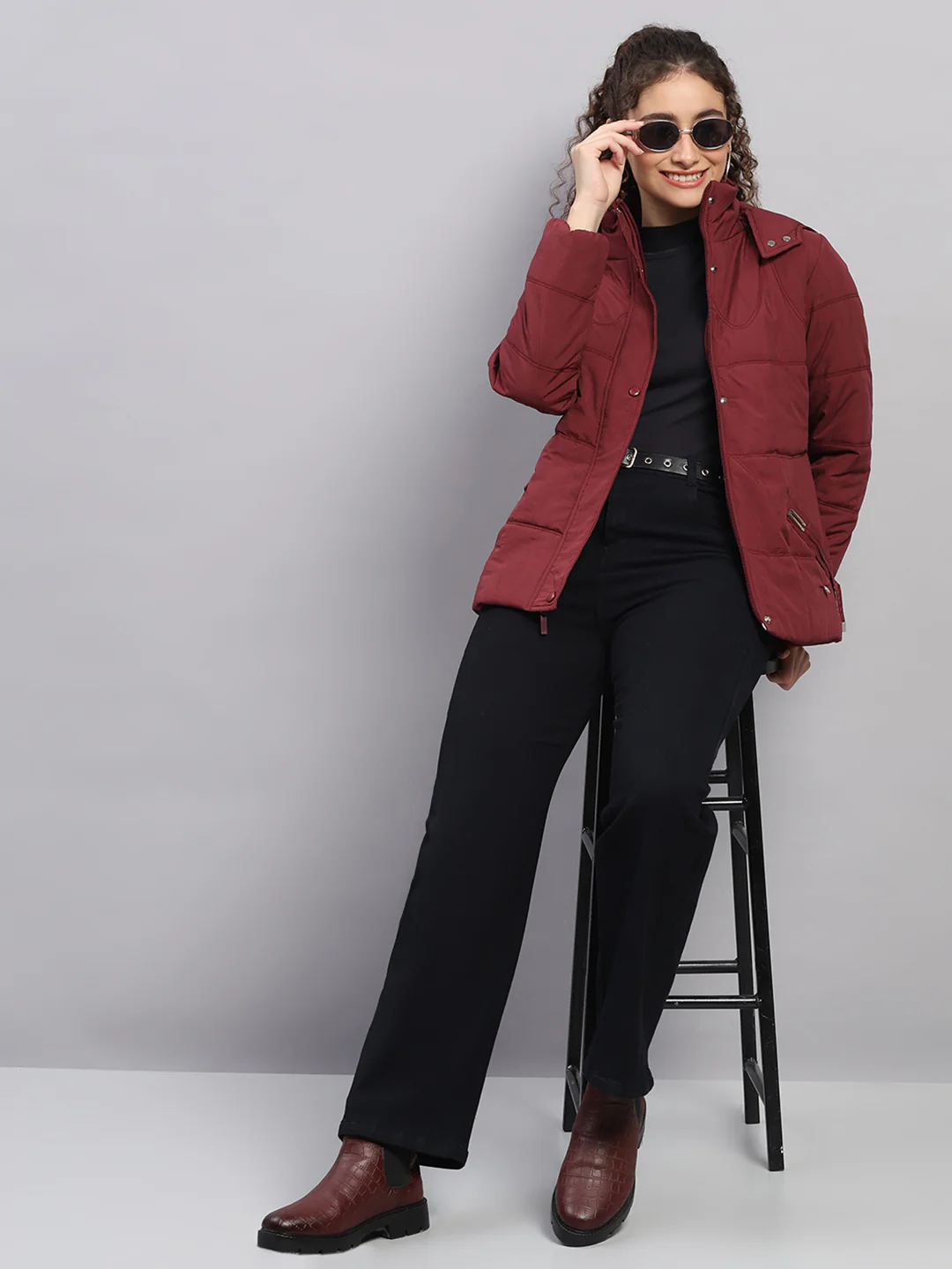 Women Maroon Printed Hooded Full Sleeve Jacket - Image 2