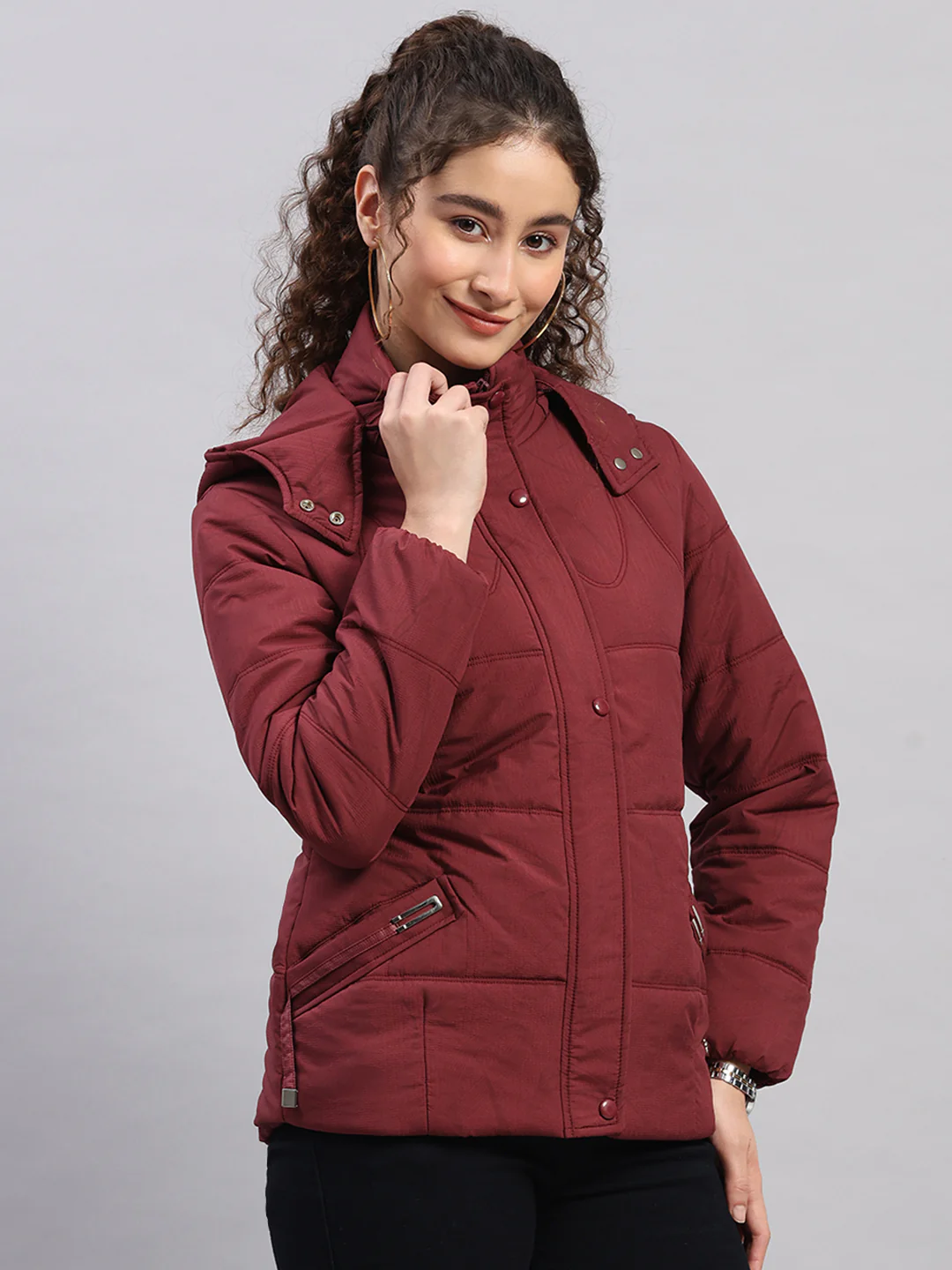 Women Maroon Printed Hooded Full Sleeve Jacket - Image 4