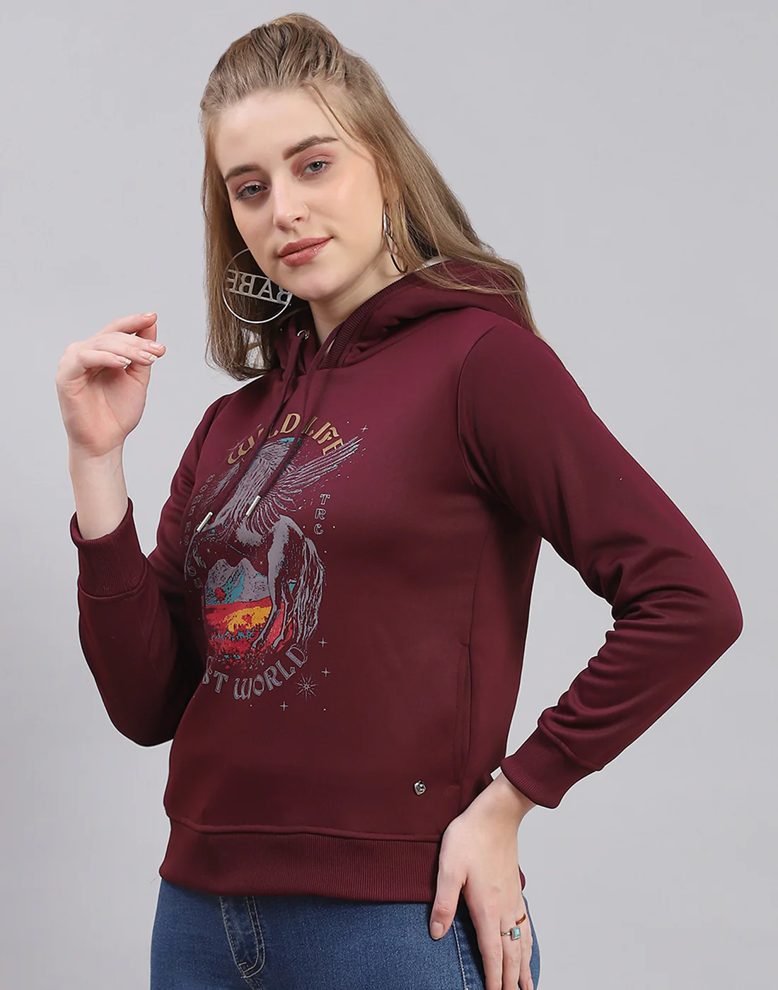 Women Maroon Printed Hooded Full Sleeve Sweatshirt - Image 3