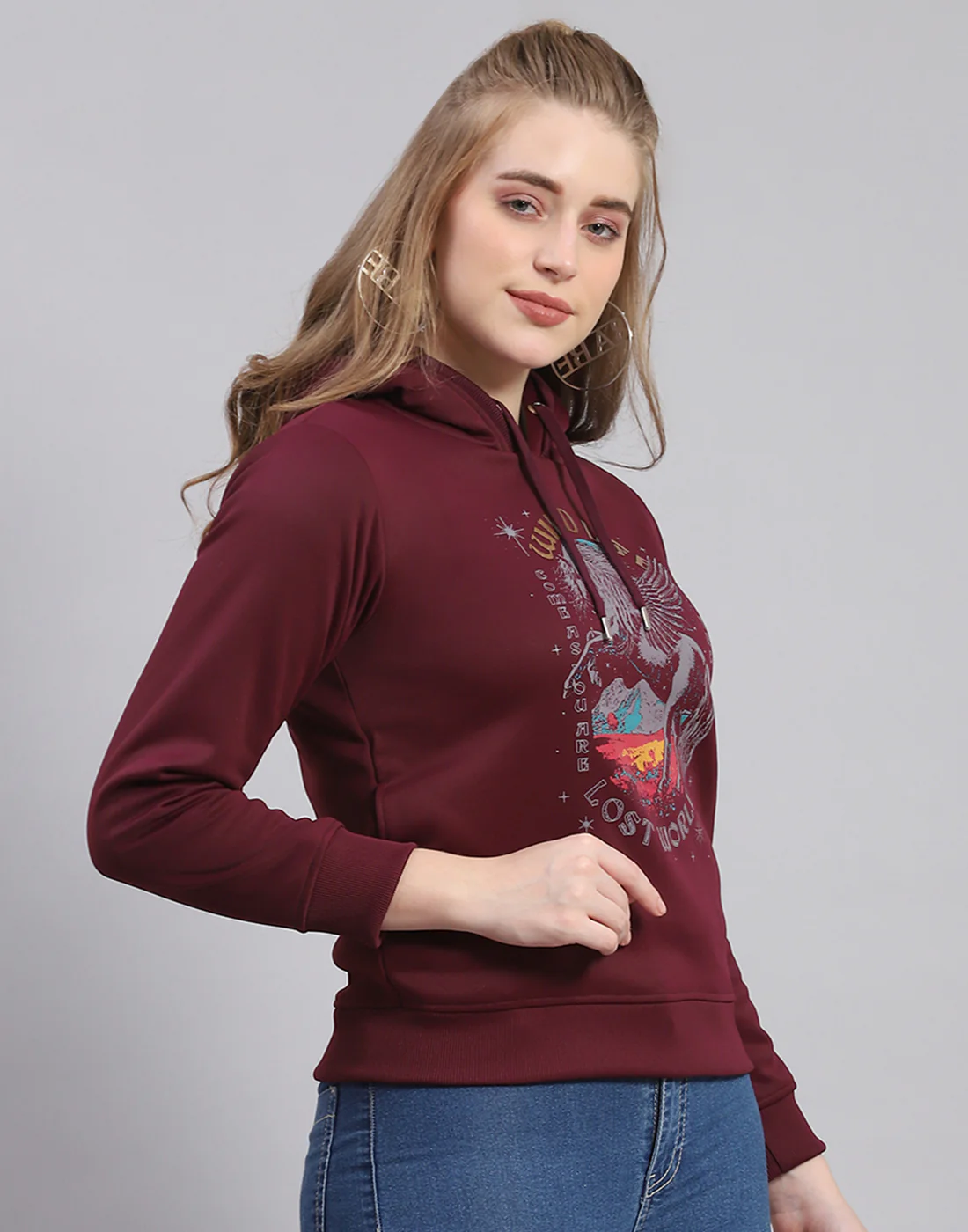 Women Maroon Printed Hooded Full Sleeve Sweatshirt - Image 4