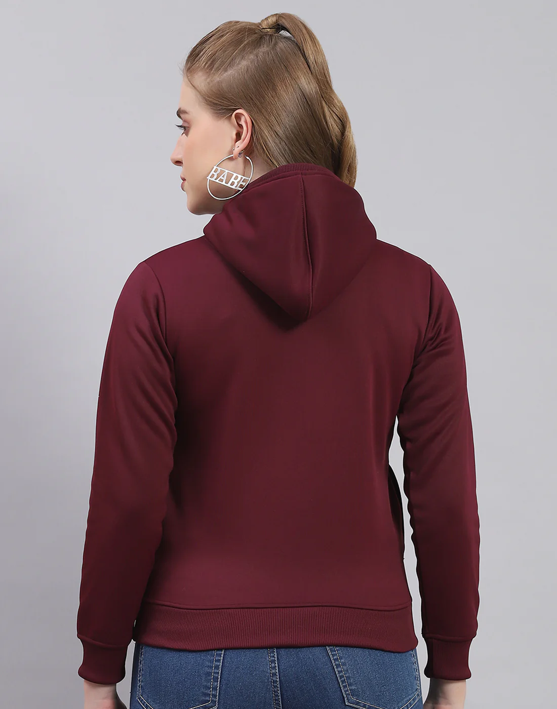 Women Maroon Printed Hooded Full Sleeve Sweatshirt - Image 5
