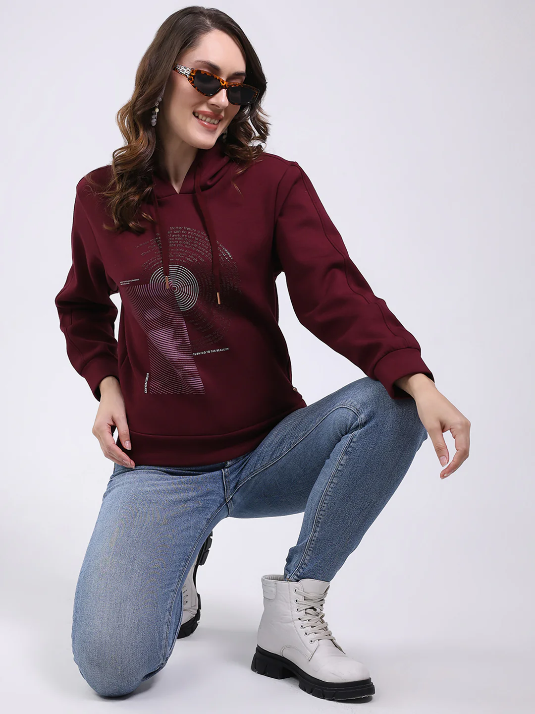 Women Maroon Printed Hooded Full Sleeve Sweatshirt - Image 2