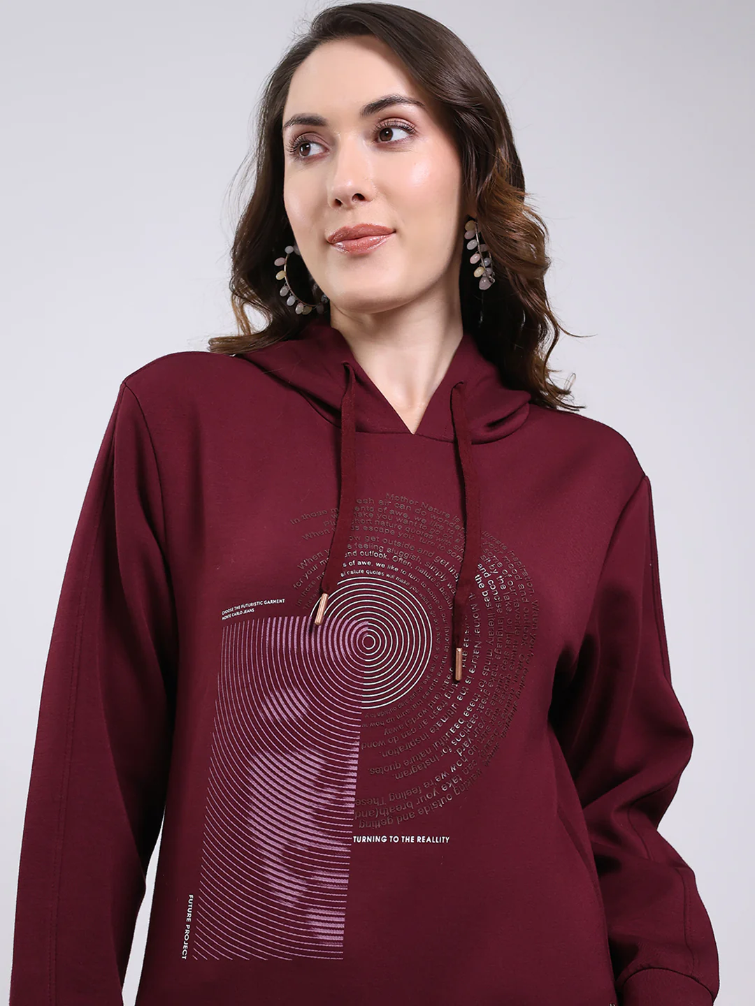 Women Maroon Printed Hooded Full Sleeve Sweatshirt - Image 6