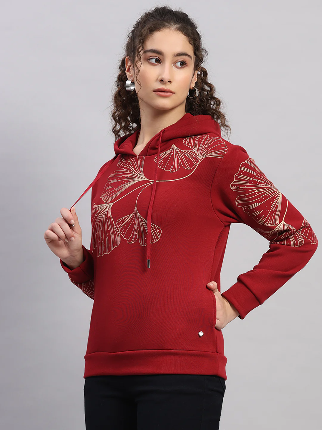 Women Maroon Printed Hooded Full Sleeve Sweatshirt - Image 3