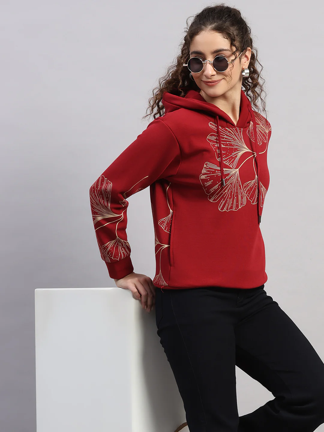 Women Maroon Printed Hooded Full Sleeve Sweatshirt - Image 6