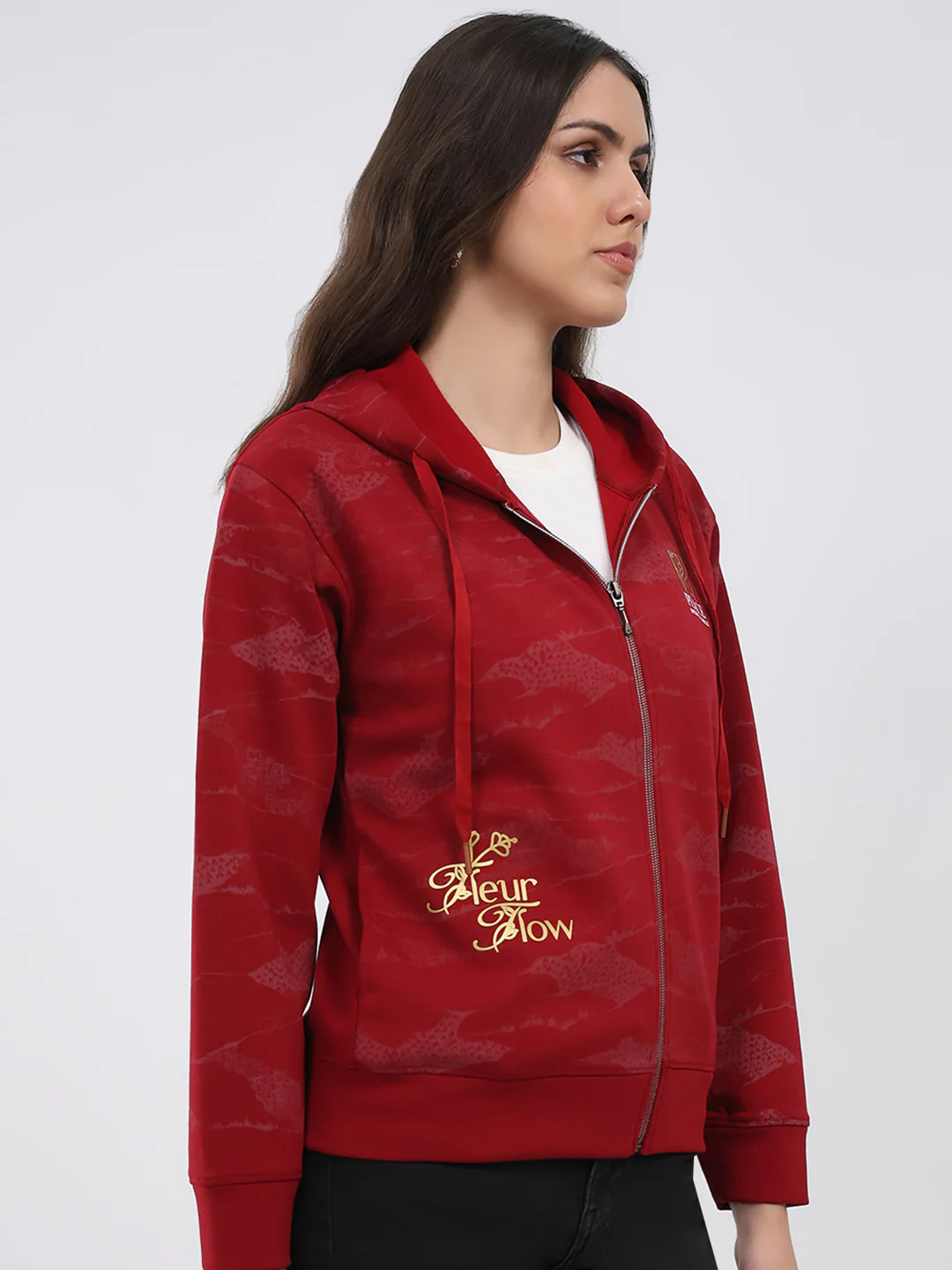 Women Maroon Printed Hooded Full Sleeve Sweatshirt - Image 4