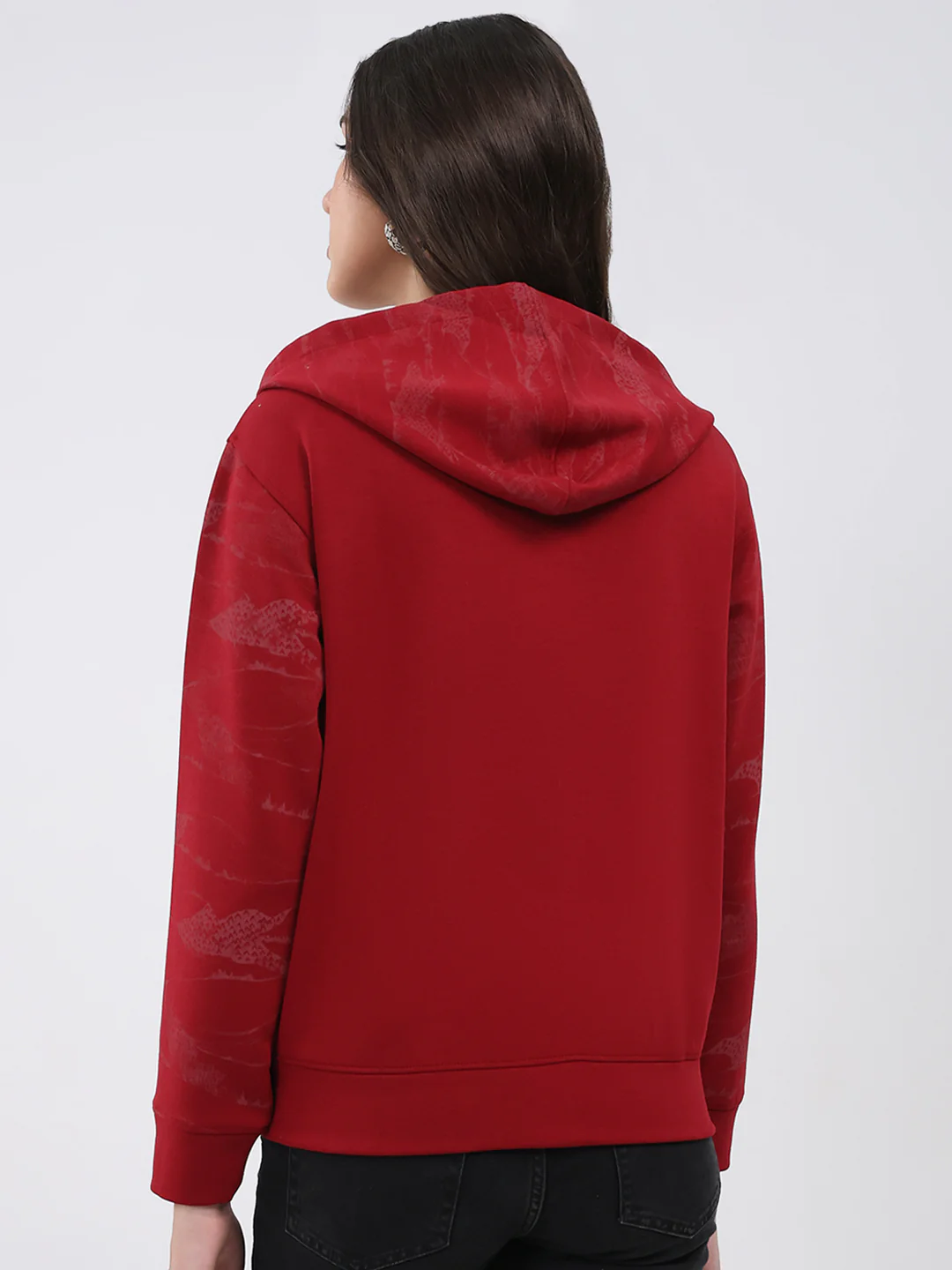 Women Maroon Printed Hooded Full Sleeve Sweatshirt - Image 5