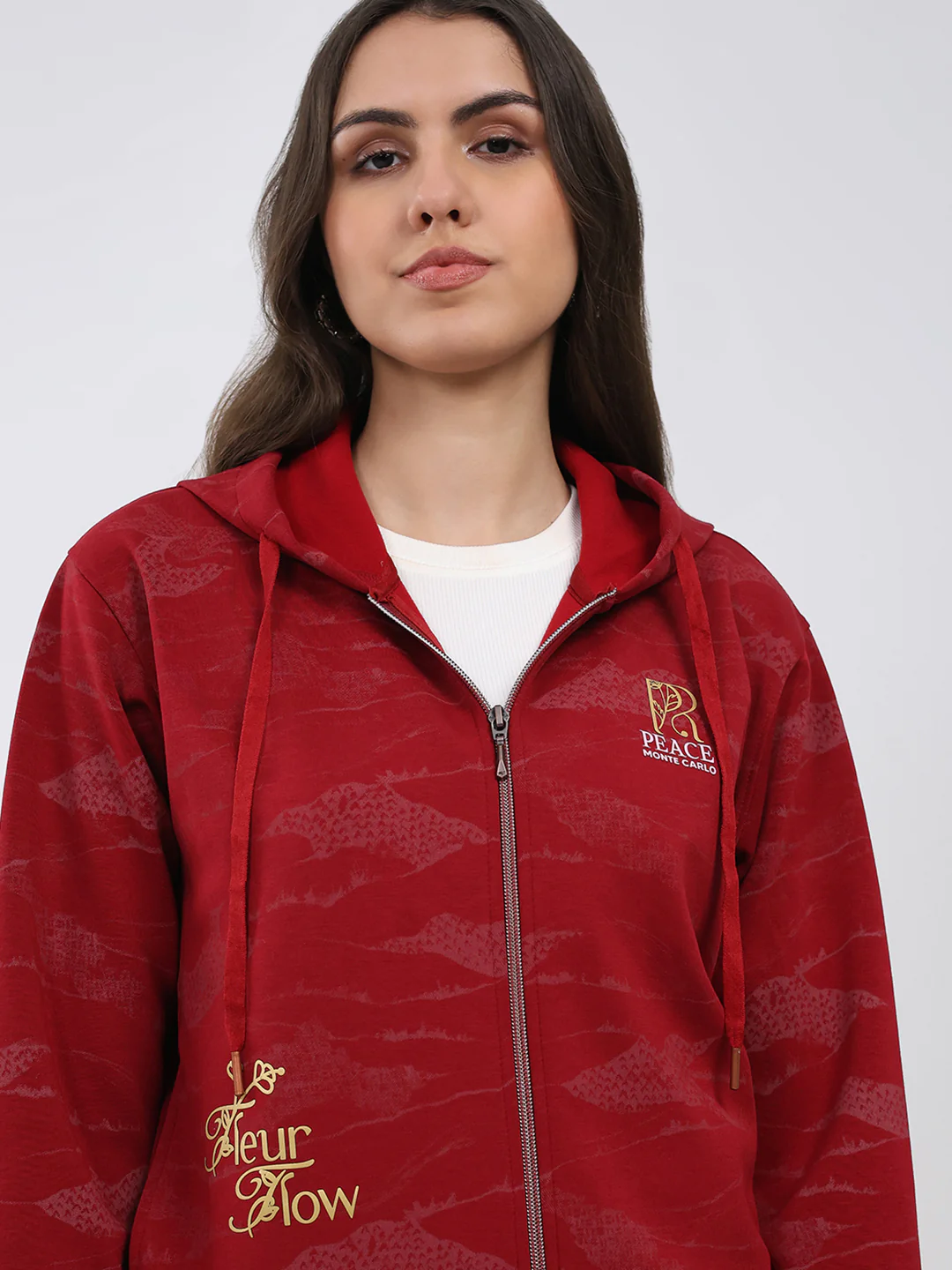 Women Maroon Printed Hooded Full Sleeve Sweatshirt - Image 6