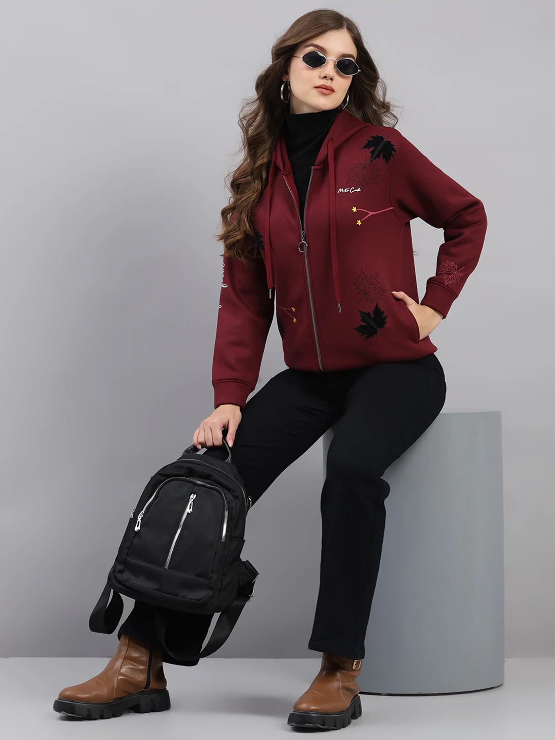 Women Maroon Printed Hooded Full Sleeve Sweatshirt - Image 2