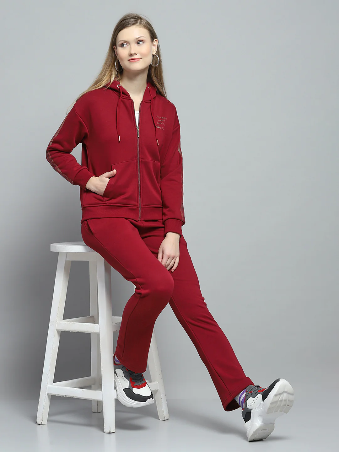 Women Maroon Printed Hooded Full Sleeve Tracksuit - Image 2