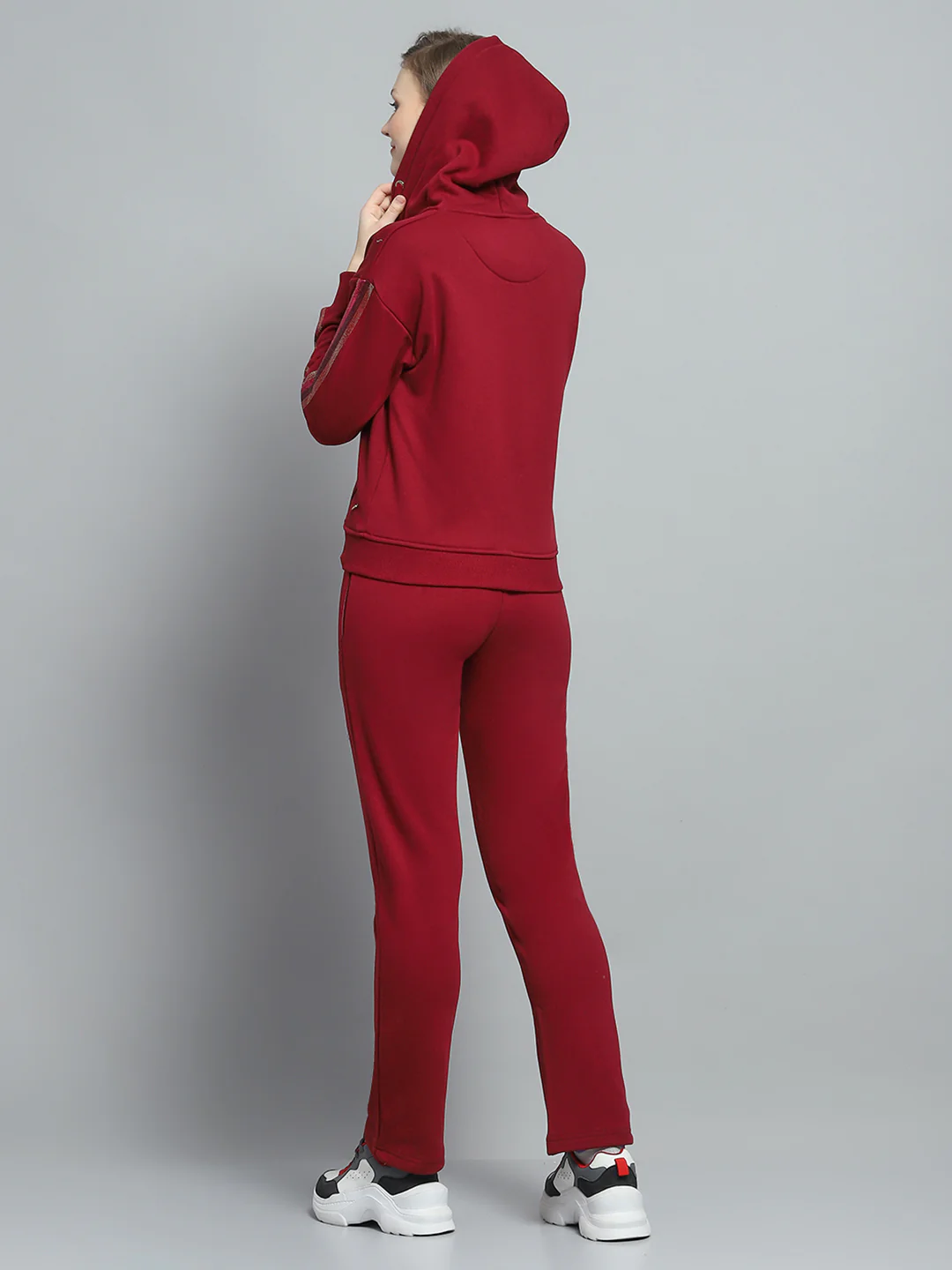 Women Maroon Printed Hooded Full Sleeve Tracksuit - Image 5