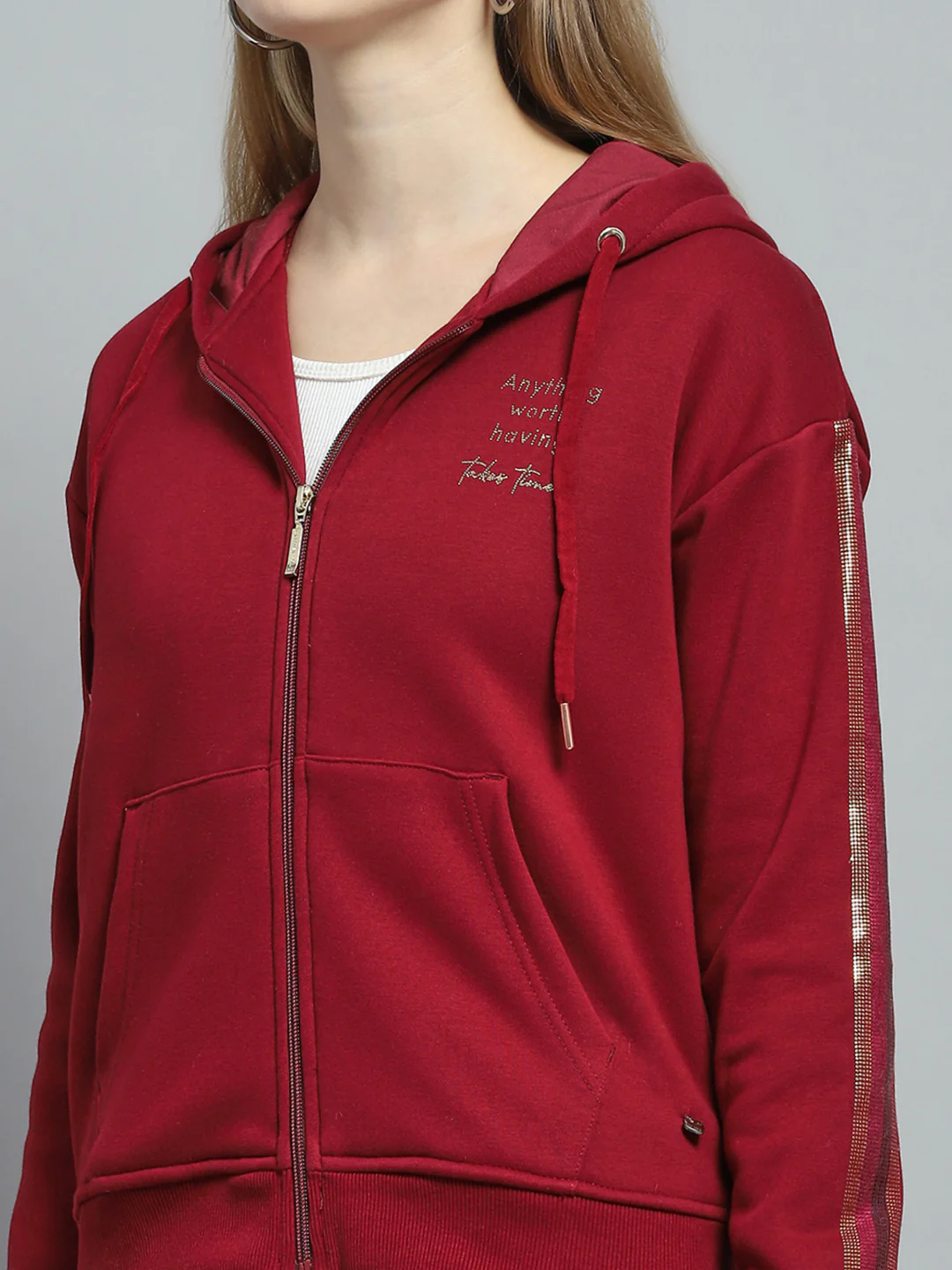 Women Maroon Printed Hooded Full Sleeve Tracksuit - Image 6