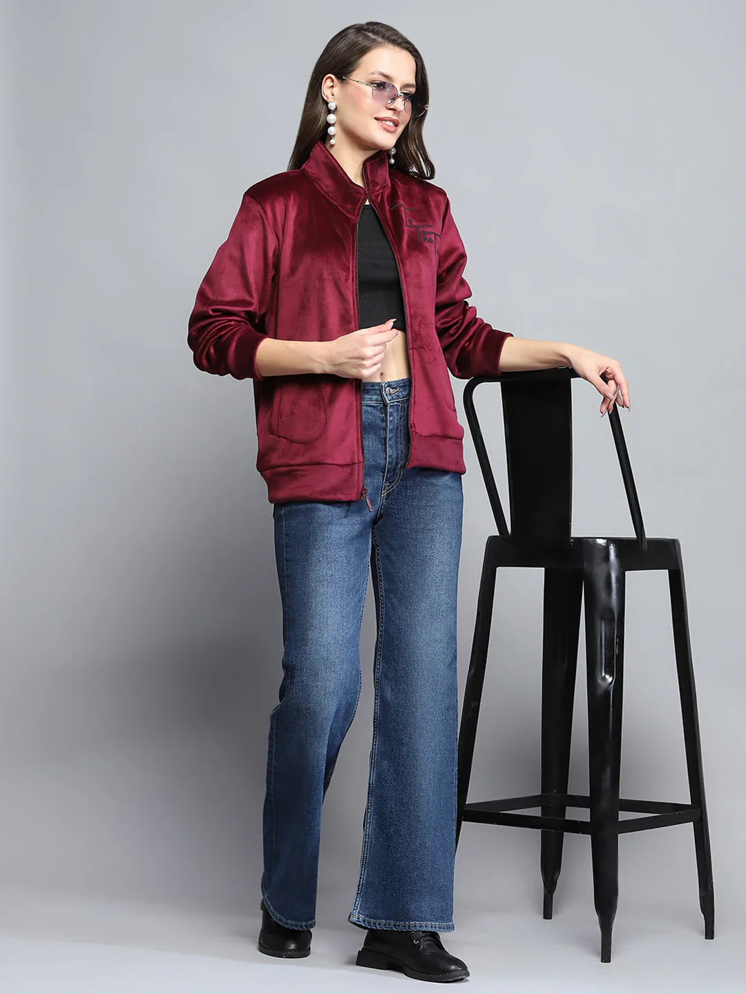 Women Maroon Printed Mock Neck Full Sleeve Sweatshirt - Image 2