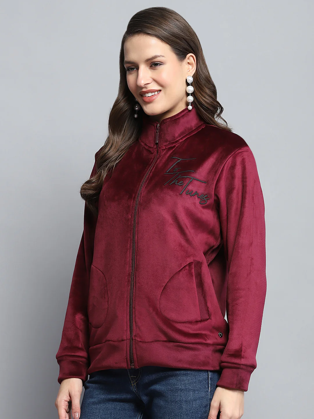 Women Maroon Printed Mock Neck Full Sleeve Sweatshirt - Image 3