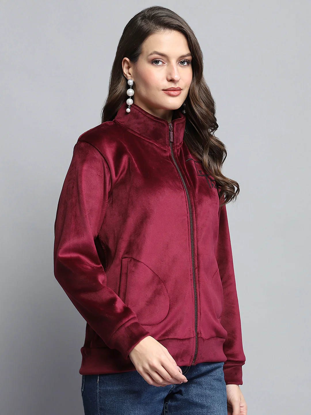 Women Maroon Printed Mock Neck Full Sleeve Sweatshirt - Image 4