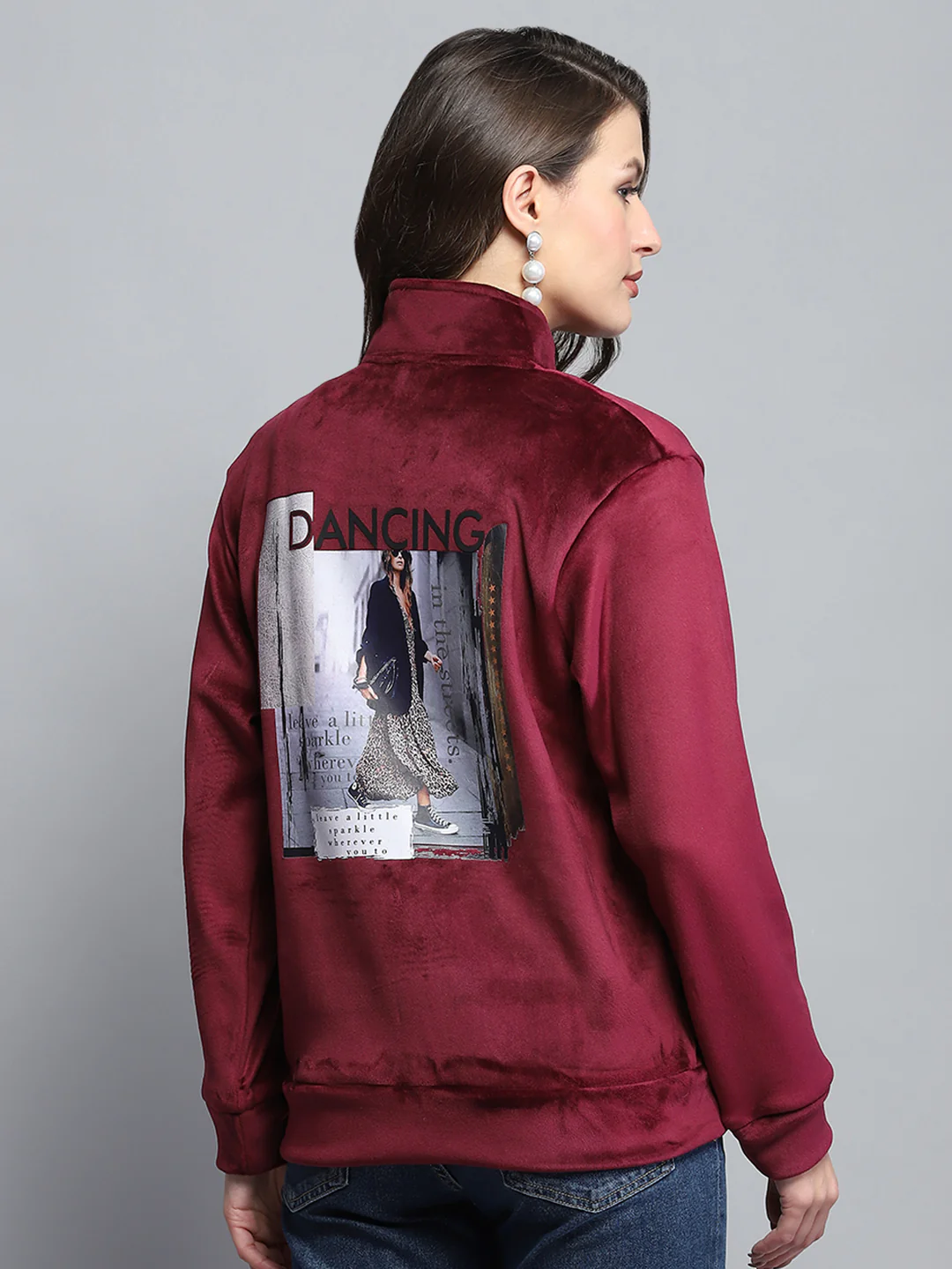 Women Maroon Printed Mock Neck Full Sleeve Sweatshirt - Image 5