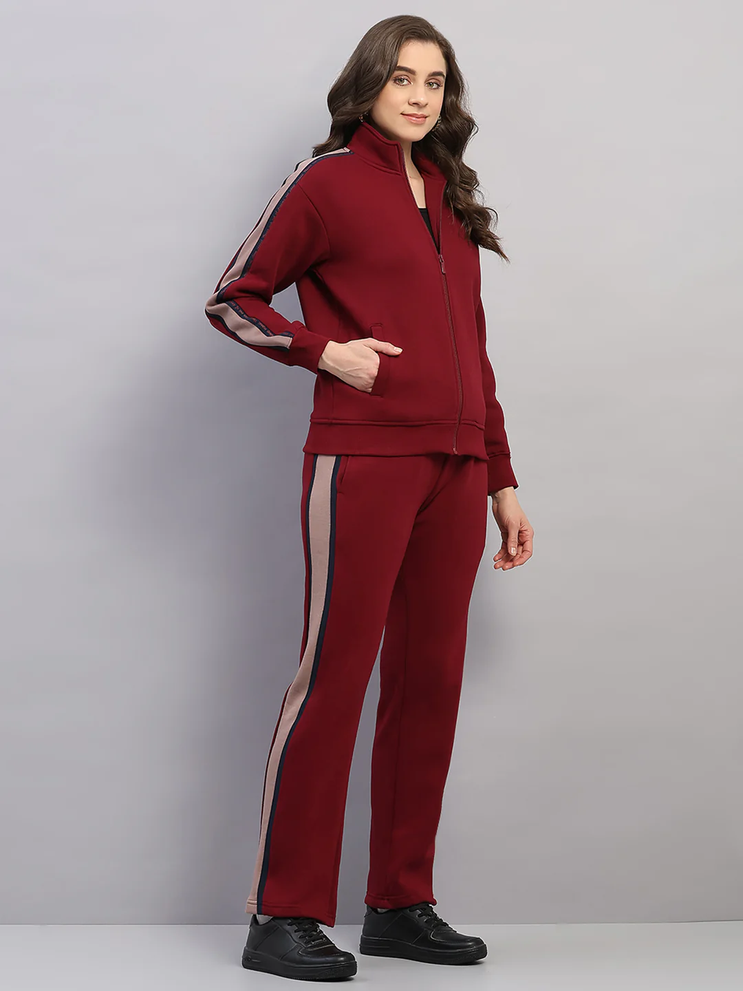 Women Maroon Printed Mock Neck Full Sleeve Winter Tracksuit - Image 4