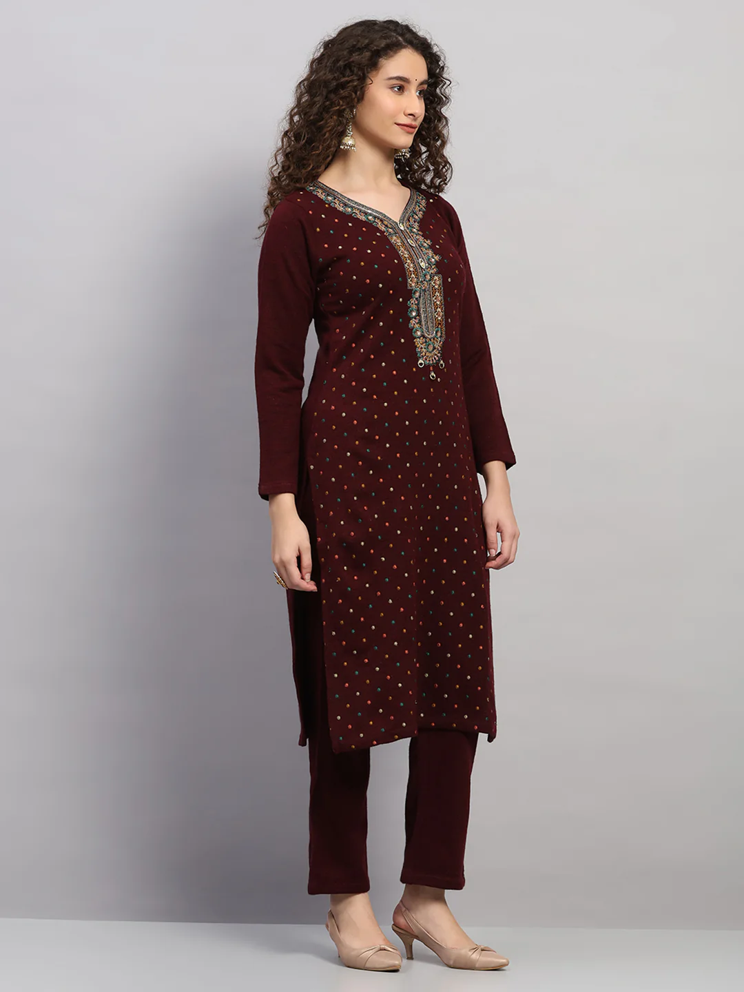 Women Maroon Printed Round Neck Full Sleeve 3 Pc Kurti Set for Winter - Image 4
