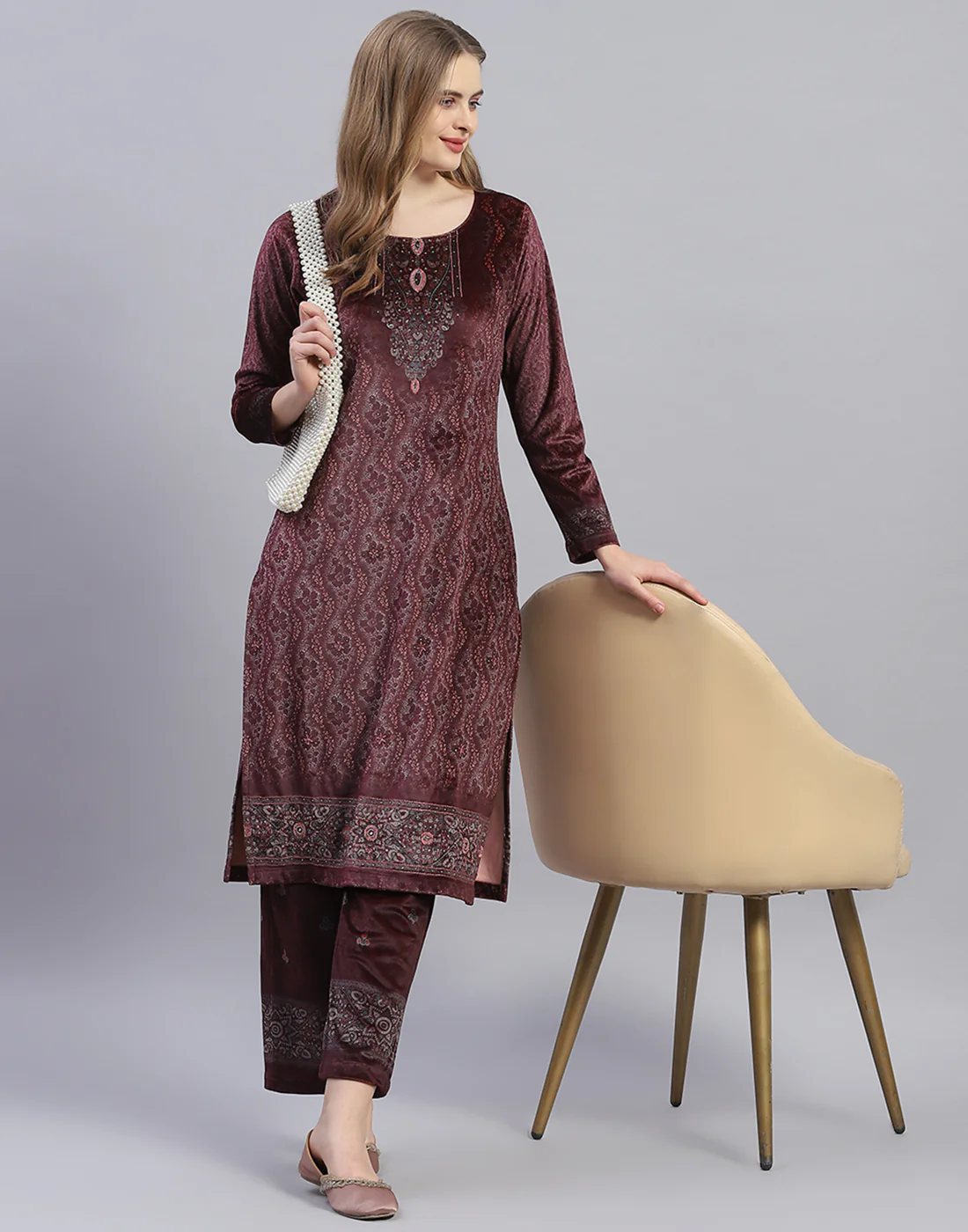 Women Maroon Printed Round Neck Full Sleeve Kurti+Lower Set
