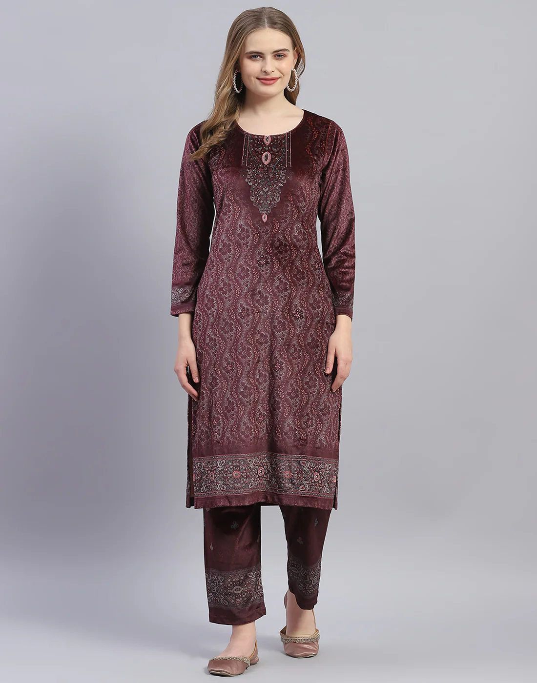 Women Maroon Printed Round Neck Full Sleeve Kurti+Lower Set - Image 2