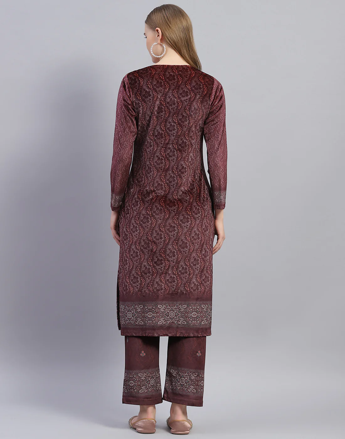 Women Maroon Printed Round Neck Full Sleeve Kurti+Lower Set - Image 5