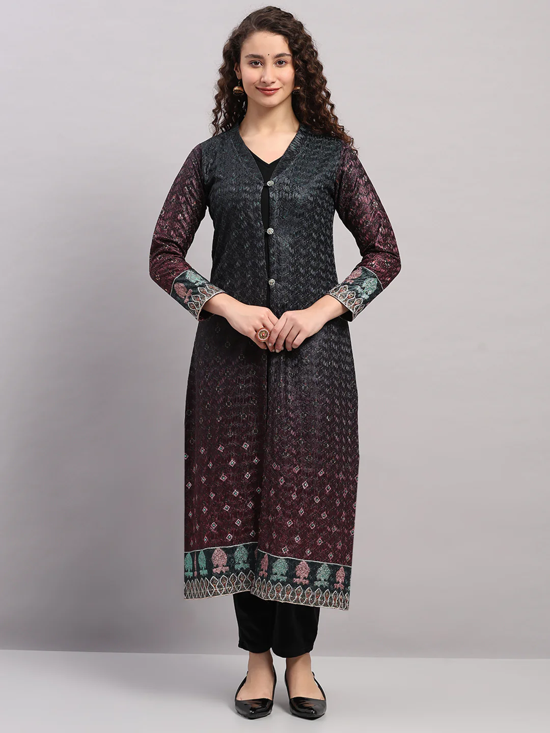 Women Maroon Printed Round Neck Full Sleeve Kurti Set for Winter - Image 3