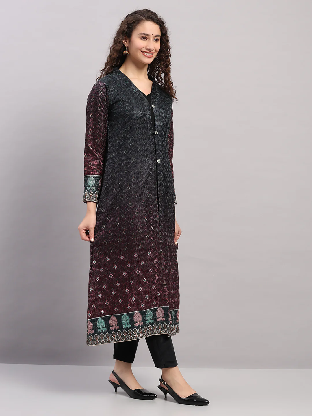 Women Maroon Printed Round Neck Full Sleeve Kurti Set for Winter - Image 5