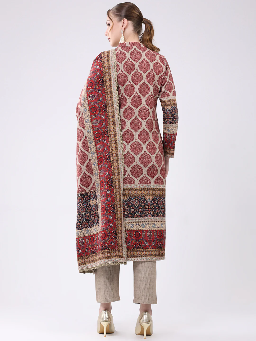Women Maroon Printed Round Neck Full Sleeve Kurti Set for Winter - Image 5