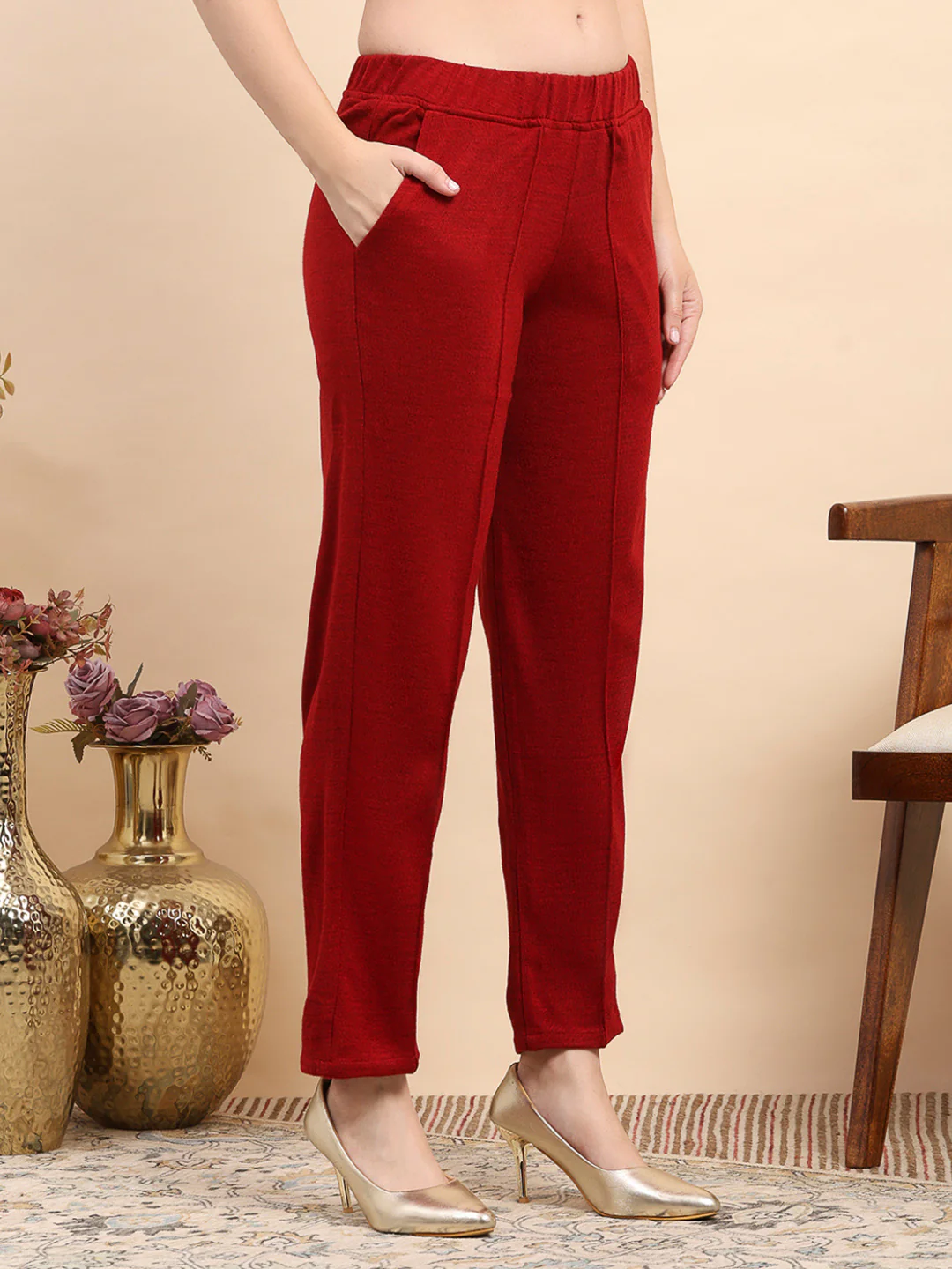 Women Maroon Printed Round Neck Full Sleeve Kurti Set for Winter - Image 7