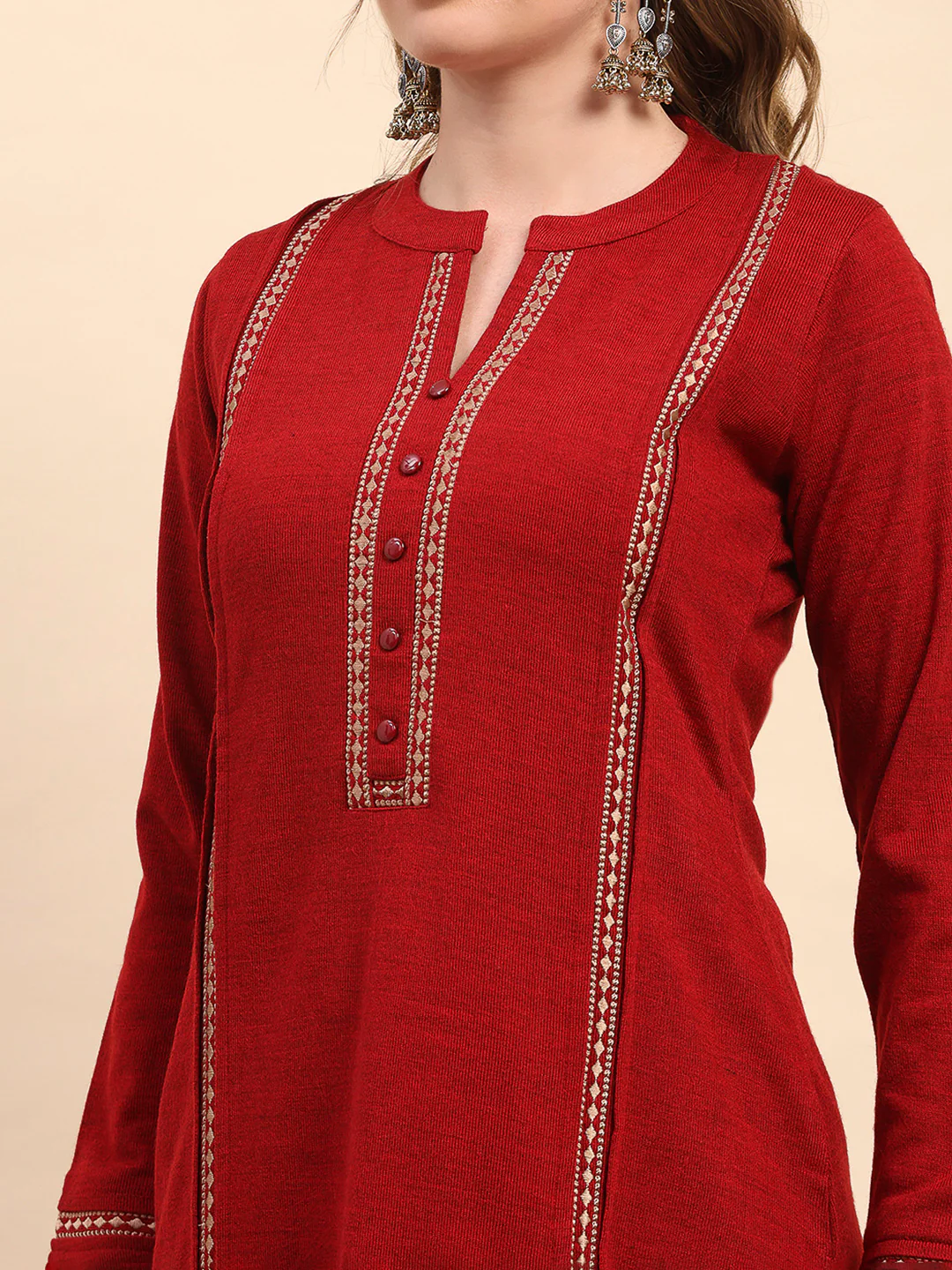 Women Maroon Printed Round Neck Full Sleeve Kurti Set for Winter - Image 8