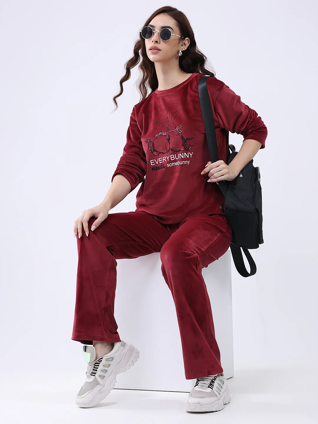 Women Maroon Printed Round Neck Full Sleeve Lower Set - Image 2