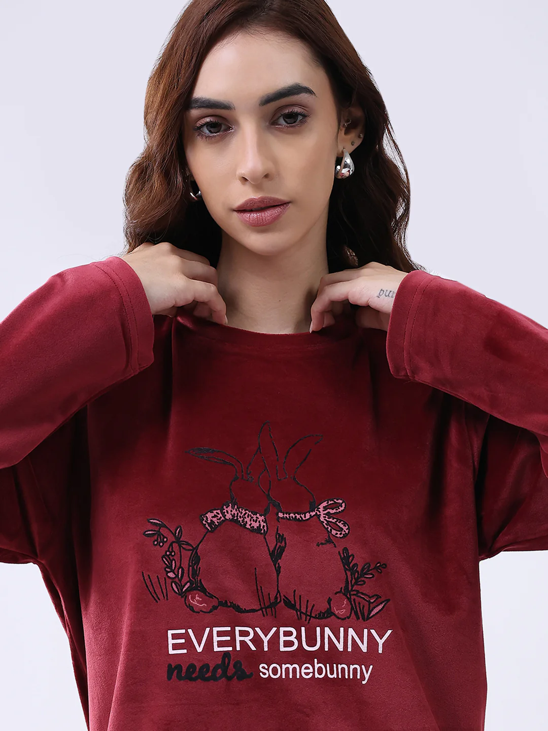 Women Maroon Printed Round Neck Full Sleeve Lower Set - Image 7