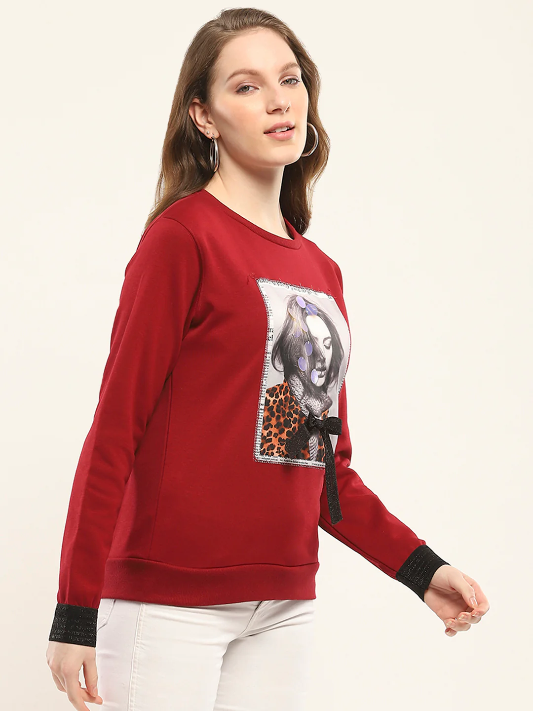 Women Maroon Printed Round Neck Full Sleeve Sweatshirt - Image 4