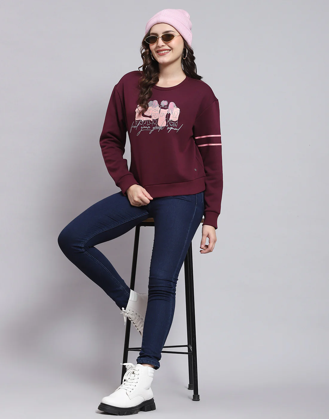 Women Maroon Printed Round Neck Full Sleeve Sweatshirt - Image 2