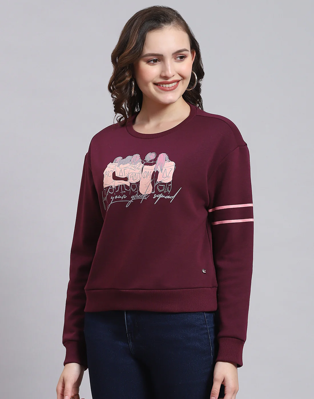 Women Maroon Printed Round Neck Full Sleeve Sweatshirt - Image 4