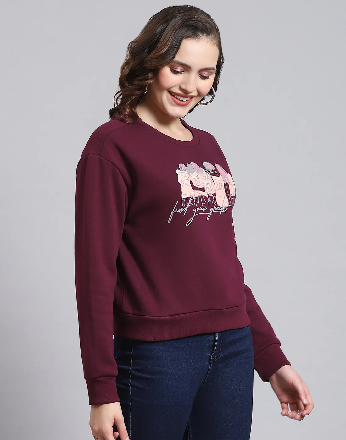 Women Maroon Printed Round Neck Full Sleeve Sweatshirt - Image 5