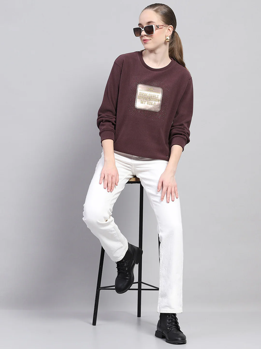 Women Maroon Printed Round Neck Full Sleeve Sweatshirt - Image 2