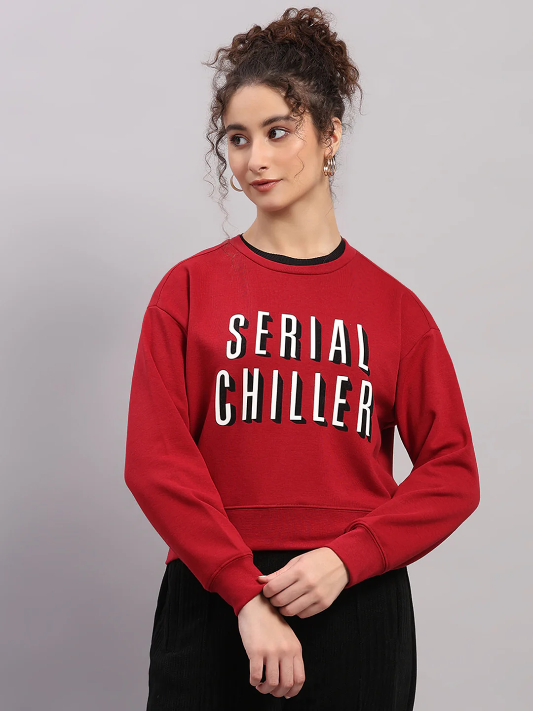 Women Maroon Printed Round Neck Full Sleeve Sweatshirt