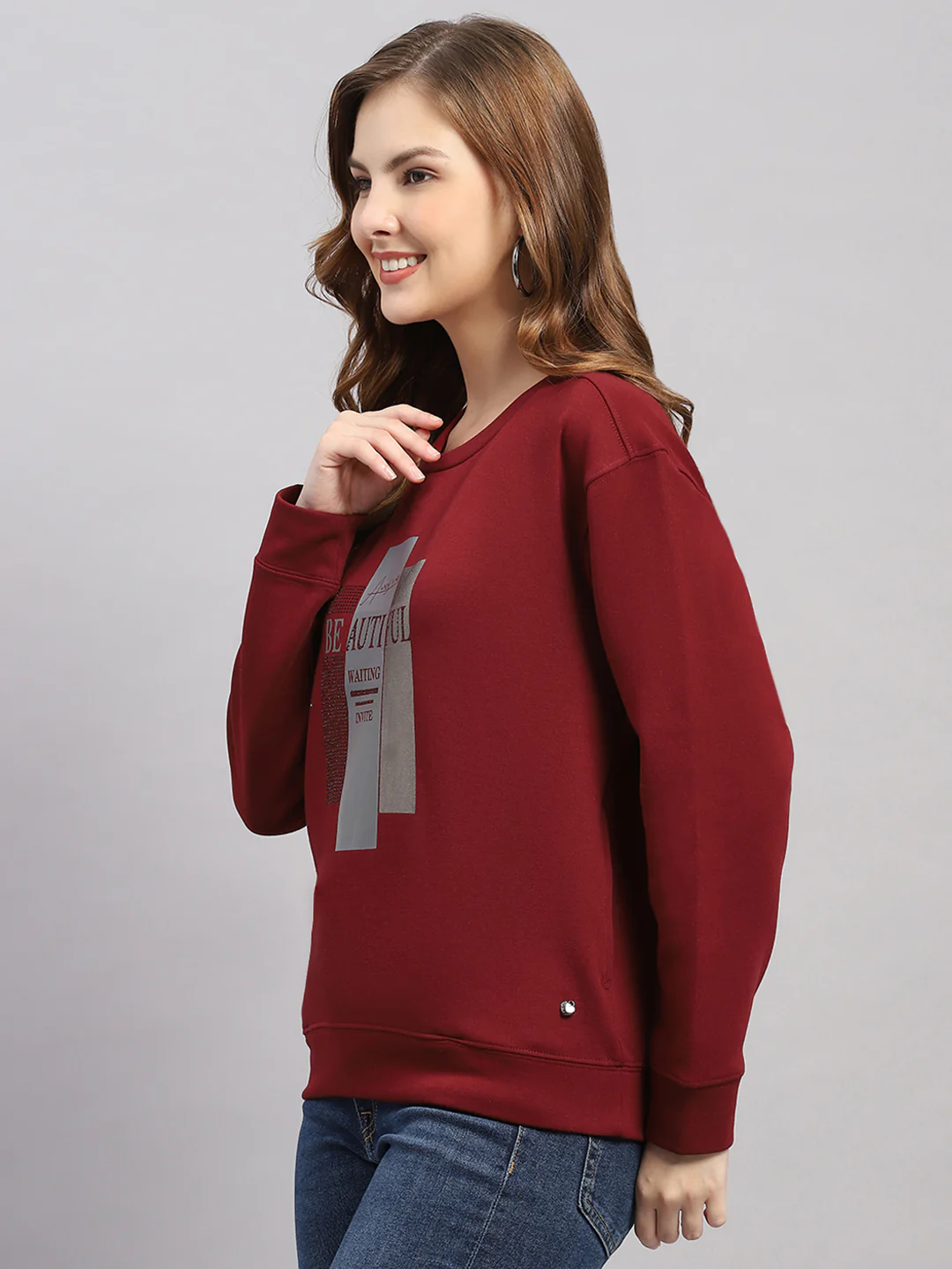Women Maroon Printed Round Neck Full Sleeve Sweatshirt - Image 3
